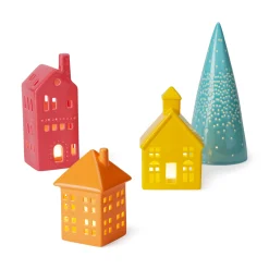 LED Lighted Colorful Ceramic Modern Village - Set of 4