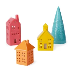 LED Lighted Colorful Ceramic Modern Village - Set of 4