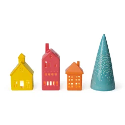 LED Lighted Colorful Ceramic Modern Village - Set of 4